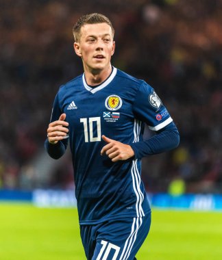 Glasgow, İskoçya, İngiltere - 6 Eylül 2019. İskoçya Millî Futbol Takımı orta saha oyuncusu Callum McGregor UEFA Euro 2020 ön eleme karşılaşmasında Glasgow 'da İskoçya Rusya' ya karşı.