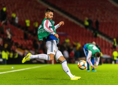 Glasgow, İskoçya, İngiltere - 6 Eylül 2019. Rusya Millî Futbol Takımı defansı Maksim Belyayev, UEFA Euro 2020 ön eleme karşılaşması öncesinde Glasgow 'da İskoçya Rusya' ya karşı.