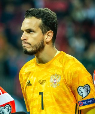 Moskova, Rusya - 10 Ekim 2019. Rusya milli futbol takımı kalecisi Guilherme UEFA Euro 2020 ön eleme karşılaşmasında İskoçya Rusya 'ya karşı (4-0).