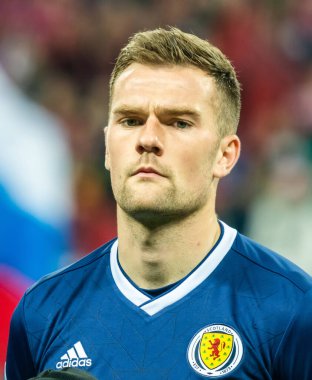 Moskova, Rusya - 10 Ekim 2019. İskoçya Millî Futbol Takımı orta saha oyuncusu Michael Devlin UEFA Euro 2020 ön eleme karşılaşmasında Rusya İskoçya 'ya karşı (4-0).