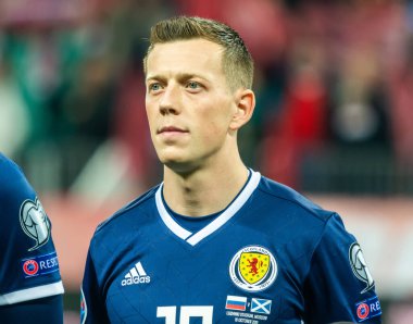 Moskova, Rusya - 10 Ekim 2019. İskoçya Millî Futbol Takımı 'nın orta saha oyuncusu Callum McGregor, UEFA Euro 2020 ön eleme karşılaşmasında Rusya ile İskoçya (4-0) karşılaşmadan önce Moskova' da (4-0).