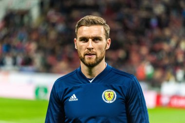 Moskova, Rusya - 10 Ekim 2019. İskoçya Millî Futbol Takımı, UEFA Euro 2020 ön eleme maçından hemen önce Moskova 'da (4-0) Rusya' ya karşı İskoçya 'da (4-0) Stephen O' Donnell 'ı yendi.