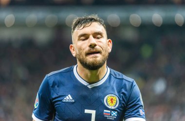 Moskova, Rusya - 10 Ekim 2019. İskoçya milli futbol takımı kanadı Robert Snodgrass UEFA Euro 2020 ön eleme karşılaşmasında Rusya İskoçya 'ya karşı (4-0).