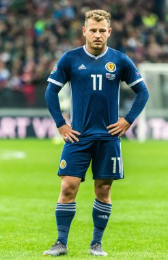 Moskova, Rusya - 10 Ekim 2019. İskoçya milli futbol takımı kanadı Ryan Fraser UEFA Euro 2020 ön eleme karşılaşmasında Rusya İskoçya 'ya karşı (4-0).