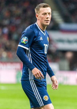 Moskova, Rusya - 10 Ekim 2019. İskoçya Millî Futbol Takımı 'nın orta saha oyuncusu Callum McGregor UEFA Euro 2020 ön eleme karşılaşmasında Moskova' ya karşı İskoçya (4-0).