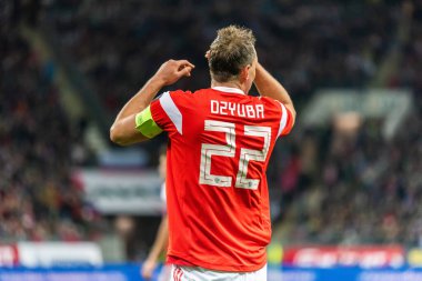 Moskova, Rusya - 10 Ekim 2019. Rusya Millî Futbol Takımı forveti Artem Dzyuba UEFA Euro 2020 ön eleme karşılaşmasında Moskova 'da İskoçya Rusya' ya karşı (4-0).