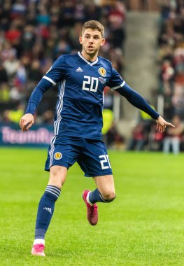 Moskova, Rusya - 10 Ekim 2019. İskoçya Millî Futbol Takımı orta saha oyuncusu Ryan Christie UEFA Euro 2020 ön eleme karşılaşmasında Rusya İskoçya 'ya karşı (4-0).