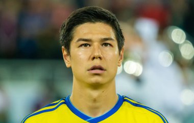 Kalininingrad, Rusya - 9 Eylül 2019. Kazakistan milli futbol takımı orta saha oyuncusu Georgi Zhukov UEFA Euro 2020 ön eleme karşılaşması öncesinde Kalininingrad 'da Rusya Kazakistan' a karşı (1-0).