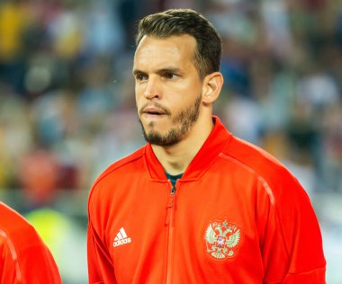Kalininingrad, Rusya - 9 Eylül 2019. Rusya Milli Futbol Takımı kalecisi Guilherme UEFA Euro 2020 ön eleme karşılaşmasında Rusya Kazakistan 'a (1-0) karşı Kaliningrad' da.