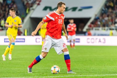 Kalininingrad, Rusya - 9 Eylül 2019. Rusya milli futbol takımı forveti Artem Dzyuba UEFA Euro 2020 ön eleme karşılaşmasında Rusya Kazakistan 'a karşı (1-0) Kaliningrad' da.