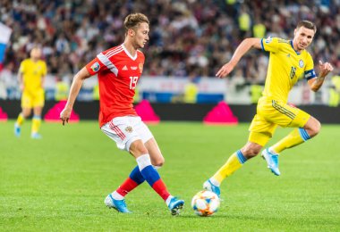 Kalininingrad, Rusya - 9 Eylül 2019. Rusya milli futbol takımı orta saha oyuncusu Anton Miranchuk UEFA Euro 2020 ön eleme karşılaşmasında Kalininingrad 'da Rusya Kazakistan' a (1-0) karşı..