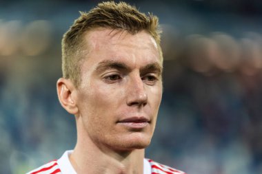 Kalininingrad, Rusya - 9 Eylül 2019. Rusya milli futbol takımı savunucusu Andrey Semenov UEFA Euro 2020 ön eleme karşılaşmasında Rusya Kazakistan 'a karşı (1-0) Kaliningrad' da.
