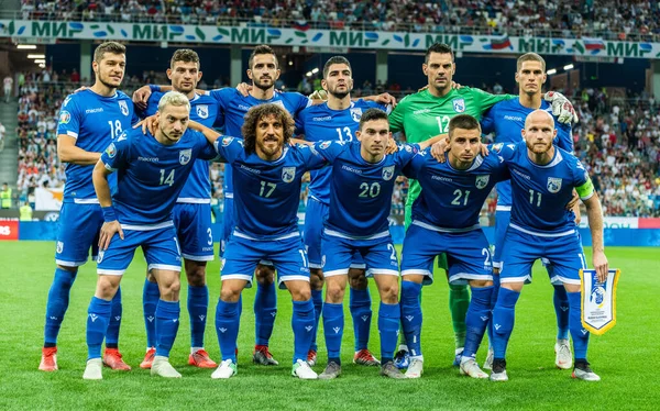 Nizhny Novgorod, Rusya - 11 Haziran 2019. Kıbrıs Rum Kesimi milli futbol takımının resmi, UEFA Euro 2020 ön eleme karşılaşması öncesinde Rusya ile Kıbrıs Rum Kesimi (1-0) arasında Nizhny Novgorod 'da oynanacak..