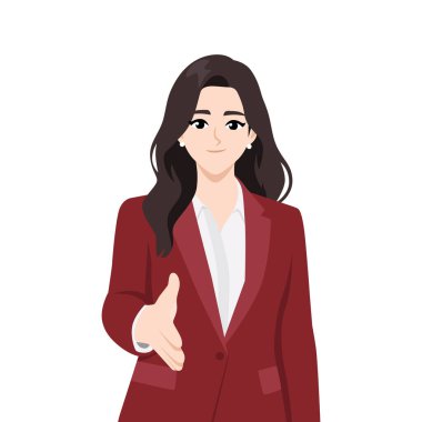 Genç İş Kadını Tokalaşıyor. Düz Vektör karakter çizimi