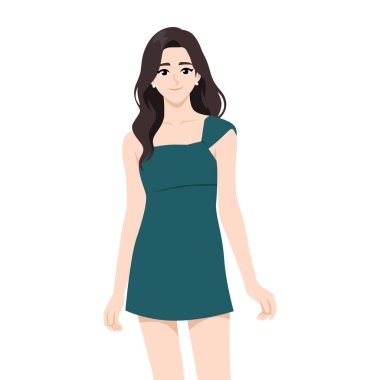 Dalgalı saçlı, yeşil mini elbiseli, gülümseyen bir kadın. Düz Vektör karakter çizimi