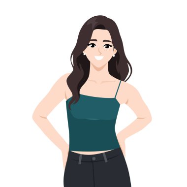 Kendine güvenen, yeşil kolsuz tişörtlü ve elleri kalçasında kot pantolon giyen arkadaş canlısı bir kadın. Düz Vektör karakter çizimi