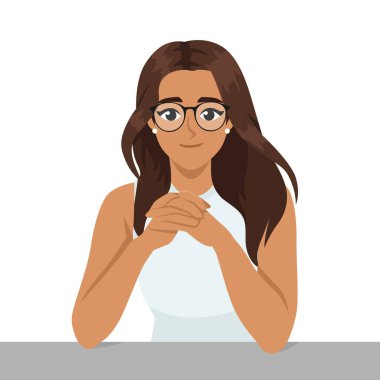 Uzun kahverengi saçlı, gözlüklü, elleri sımsıkı bağlı bir masada oturan dost canlısı bir kadın. Düz Vektör karakter çizimi