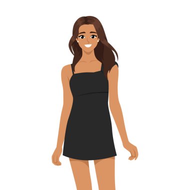 Kahverengi saçlı, siyah mini elbisesi olan, gülümseyen bir kadın. Düz Vektör karakter çizimi