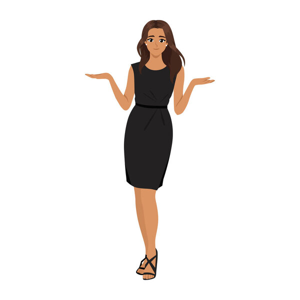 Woman wearing a stylish black dress and sandals, standing with both hands raised in a questioning. Flat Vector character illustration