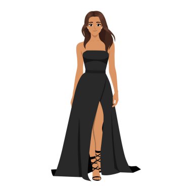 Siyah Gece Elbisesi Giyen Zarif Kadın. Düz Vektör karakter çizimi