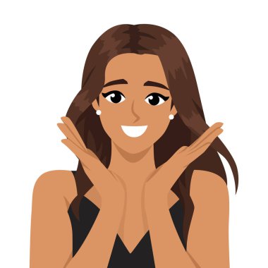 Mutlu Gülümseyen Kadın Açık Elleri Gösteriyor. Düz Vektör karakter çizimi