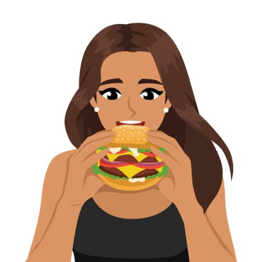 Hamburger Yiyen Kadın Fast Food 'un tadını çıkarıyor. Düz Vektör karakter çizimi