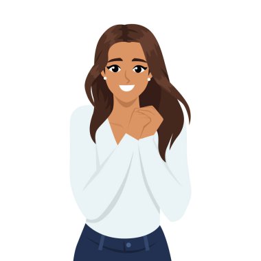 Elleri sımsıkı bağlanmış, gülümseyen mutlu genç kadın. Düz Vektör karakter çizimi