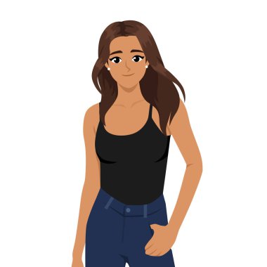 Siyah kolsuz bluz ve kot pantolon giyen gülümseyen genç bir kadın, yaşam tarzı için mükemmel. Düz Vektör karakter çizimi