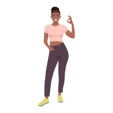 Gülümseyen Genç Kadın İyi El Gestur Gösteriyor. Düz Vektör karakter çizimi