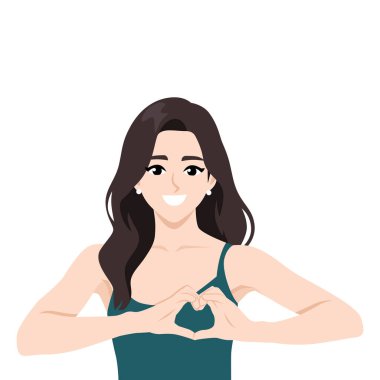 Gülümseyen genç kadın elleriyle kalp hareketi yapıyor. Düz Vektör karakter çizimi