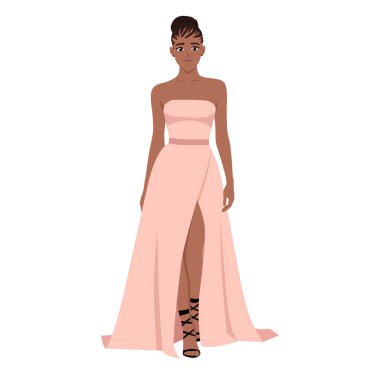 Uzun Gece Elbisesi Giyen Zarif Kadın. Düz Vektör karakter çizimi