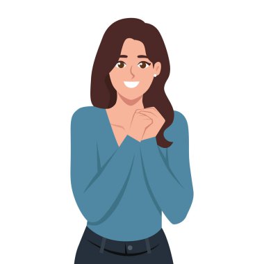 Elleri Sıkışmış Mutlu Kadın Gülümsüyor. Düz Vektör karakter çizimi