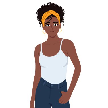 Siyah kolsuz bluz ve kot pantolon giyen gülümseyen bir kadın, yaşam tarzı için mükemmel. Düz Vektör karakter çizimi