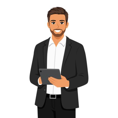 Modern Ofis Giysilerinde Kendine Güvenen İşadamı Tableti Tutuyor. Düz vektör çizimi beyaz arkaplanda izole edildi