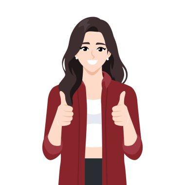 Gülümseyen Kadın Baş Parmaklarını Gösteriyor. Düz Vektör karakter çizimi