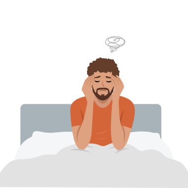 Yatakta Baş Ağrısıyla Oturan Stresli Adam. Düz Vektör karakter çizimi