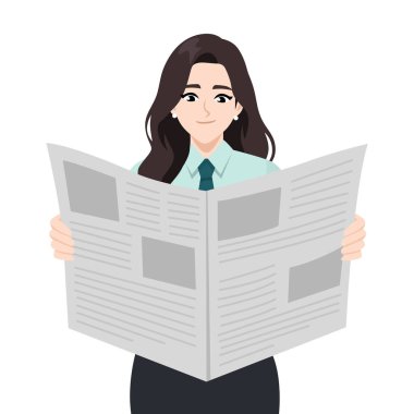 İş kadını gazete okuyor, haber tüketimini, finansal gelişmeleri temsil ediyor. Düz Vektör karakter çizimi