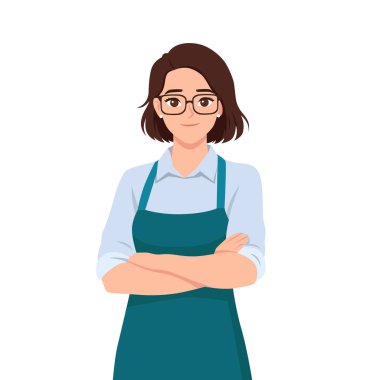 Önlük takan çapraz kollu kendine güvenen bayan barista. Düz Vektör Karakteri
