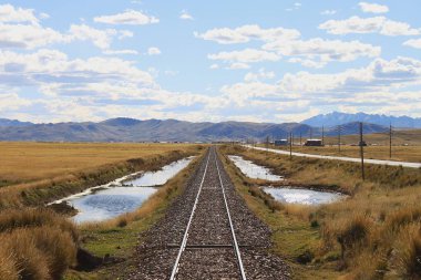 Puno, Peru - 28 Mayıs 2025: Ferrocarril del Sur 'da Perurail tarafından işletilen Titicaca treninin gözlem vagonunda Andes' e yapılan panoramik manzara. Klasik bir seyahat.!