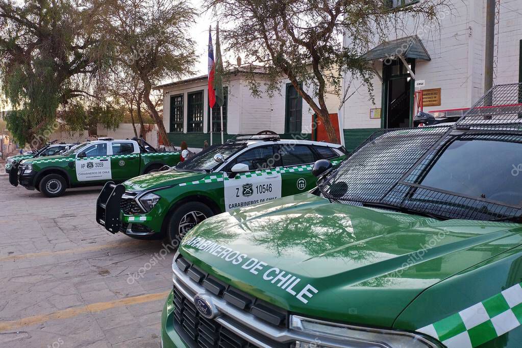 San Pedro de Atacama, El Loa, Antofagasta, Chile - June 04, 2025: Green white Ford Ranger pick-up truck police patrol car of Carabineros de Chile parked at local police station.