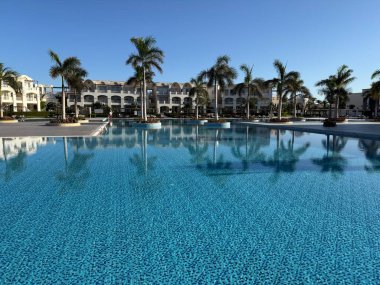 Marsa Alam, Mısır, 12 Aralık 2025: Lüks Steigenberger Alaya tatil köyünün panoramik manzarası. Palmiye ağaçları ve otel cephesi berrak gökyüzünün altında sakin mavi yüzme havuzuna mükemmel bir şekilde yansıyor..