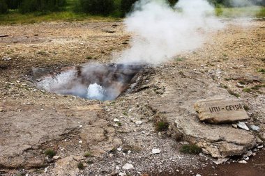 İzlanda volkanik manzarası Litli-Geysir 'in kaynayan sıcak su kaynağını Haukadalur' daki Golden Circle jeotermal bölgesinde yükselen buhar ve oymalı taş işaretiyle gösteriyor. Dikkat sıcak.