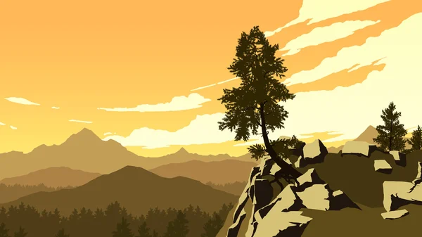 Ilustrasi pemandangan pegunungan dan hutan - Stok Vektor