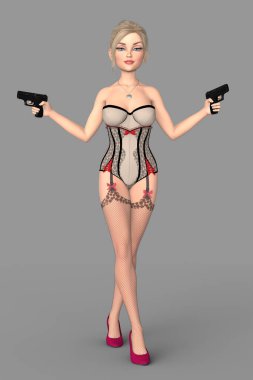 Güzel, çekici, genç bir kadın ajanın, ajanın ya da dedektifin elinde iki silah tutmasının resmi..