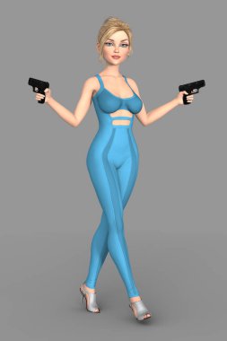 Kadın Casus ya da Dedektif Sinsi Takım Elbise Giyiyor ve İki Silah Tutuyor.