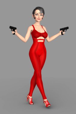 Güzel bir kadın casusun ya da iki silah tutan dedektifin tam boy portresi.