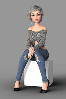 Gri beyaz saçlı, yalnız oturan hoş bir kadın.