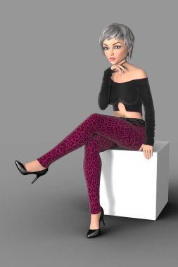 Elinde çenesi olan, gümüş beyazı saçlı, ciddi bir genç kadın.