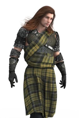 İskoç eteği giyen yakışıklı bir savaşçı ya da prens. Daha yumuşak bir stile bürünmüş kitap kapağı sanat ve tasarım çalışmaları için özel olarak uygun. Dizilerden biri..