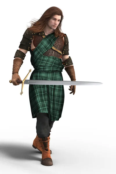 Handsome Highlander Man Holding Claymore Sword Wearing Kilt Isolated Rendered — Stock Photo, Image